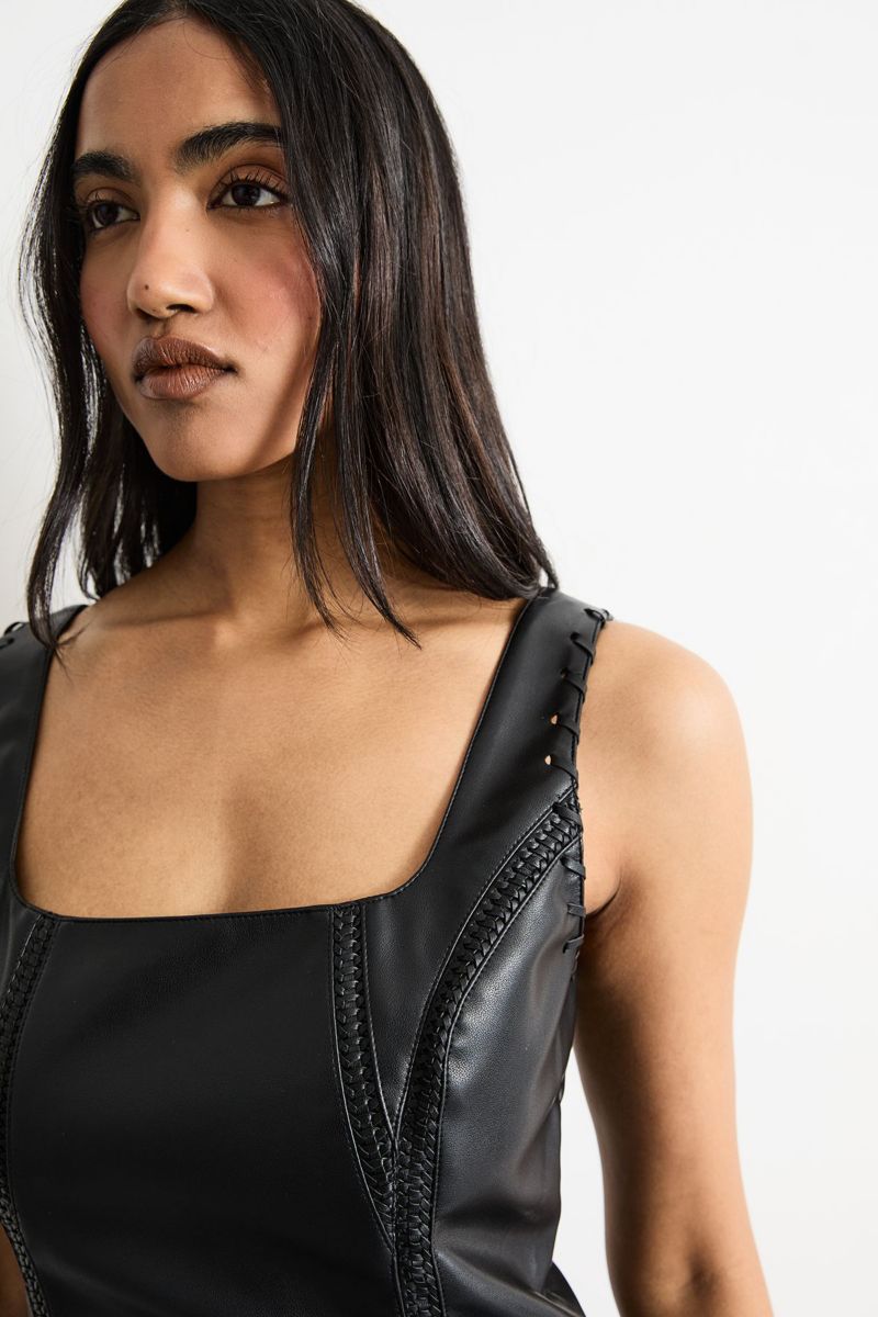Women's Faux Leather Whipstitch Trim Midi Dress