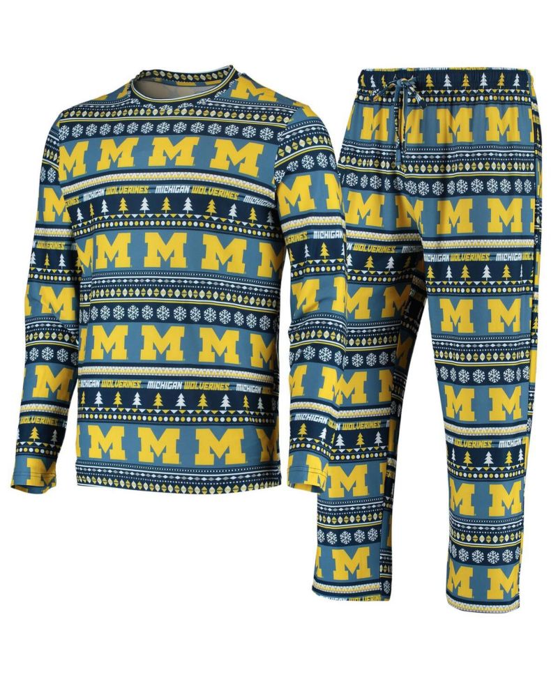 Men's Navy Michigan Wolverines Ugly Sweater Knit Long Sleeve Top and Pant Set