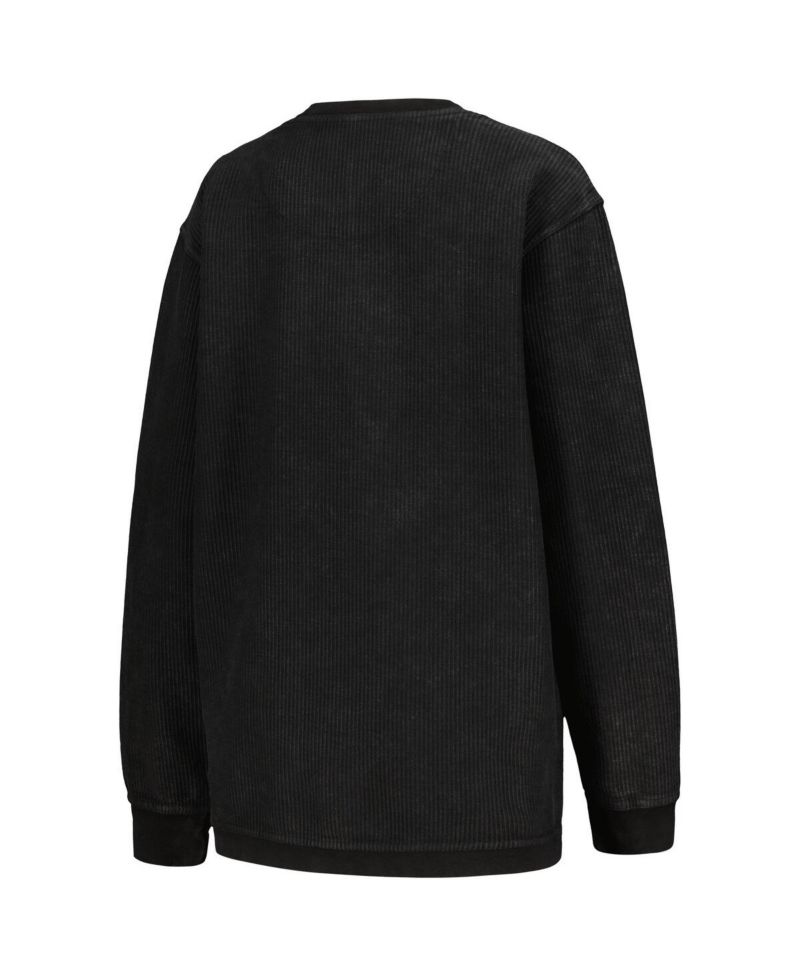 Women's Black Distressed Ohio State Buckeyes Comfy Corded Vintage-Like Wash Basic Arch Pullover Sweatshirt