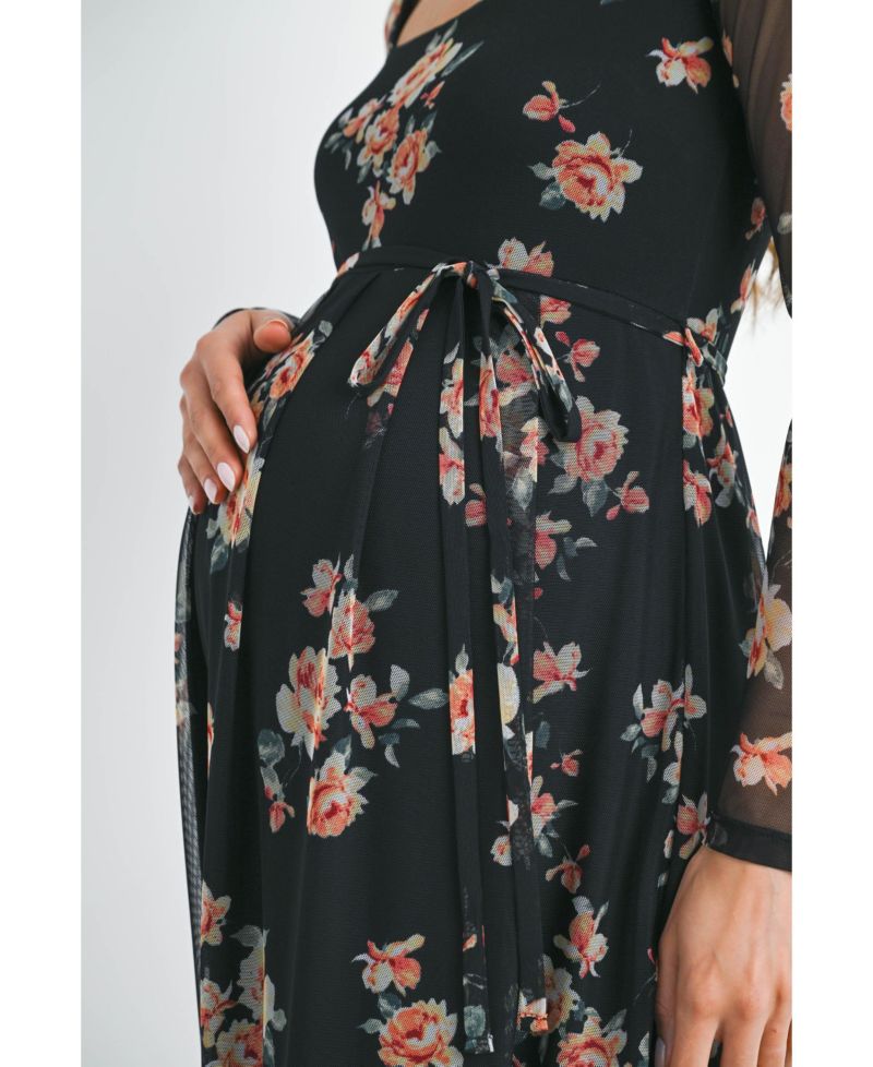 Maternity Floral Square Neck Long Sleeve Dress