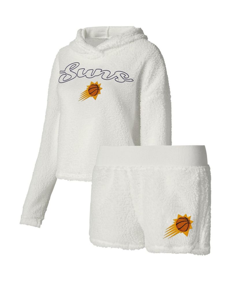 Women's Cream Phoenix Suns Fluffy Long Sleeve Hoodie T-shirt and Shorts Sleep Set