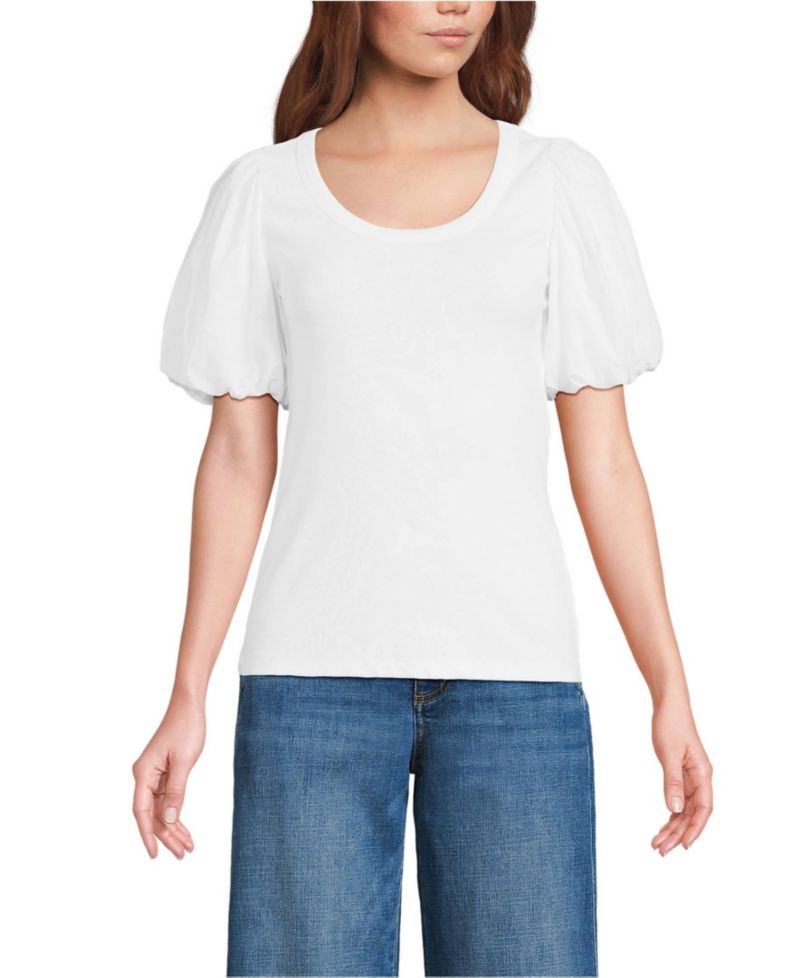 Women's Petite Drapey Rib Puff Sleeve Scoop Neck Top