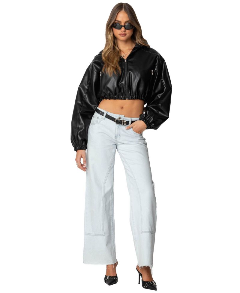 Women's Hooded Faux Leather Cropped Jacket