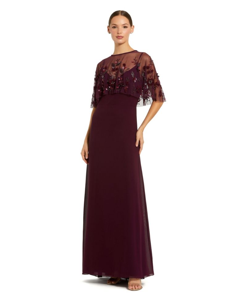 Women's Embroidered Floral Overlay Chiffon Evening Gown
