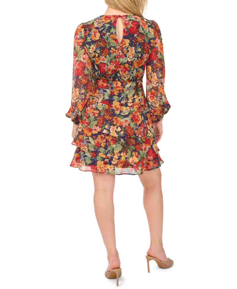 Petite Floral-Print Tiered 3/4-Sleeve Chiffon Dress