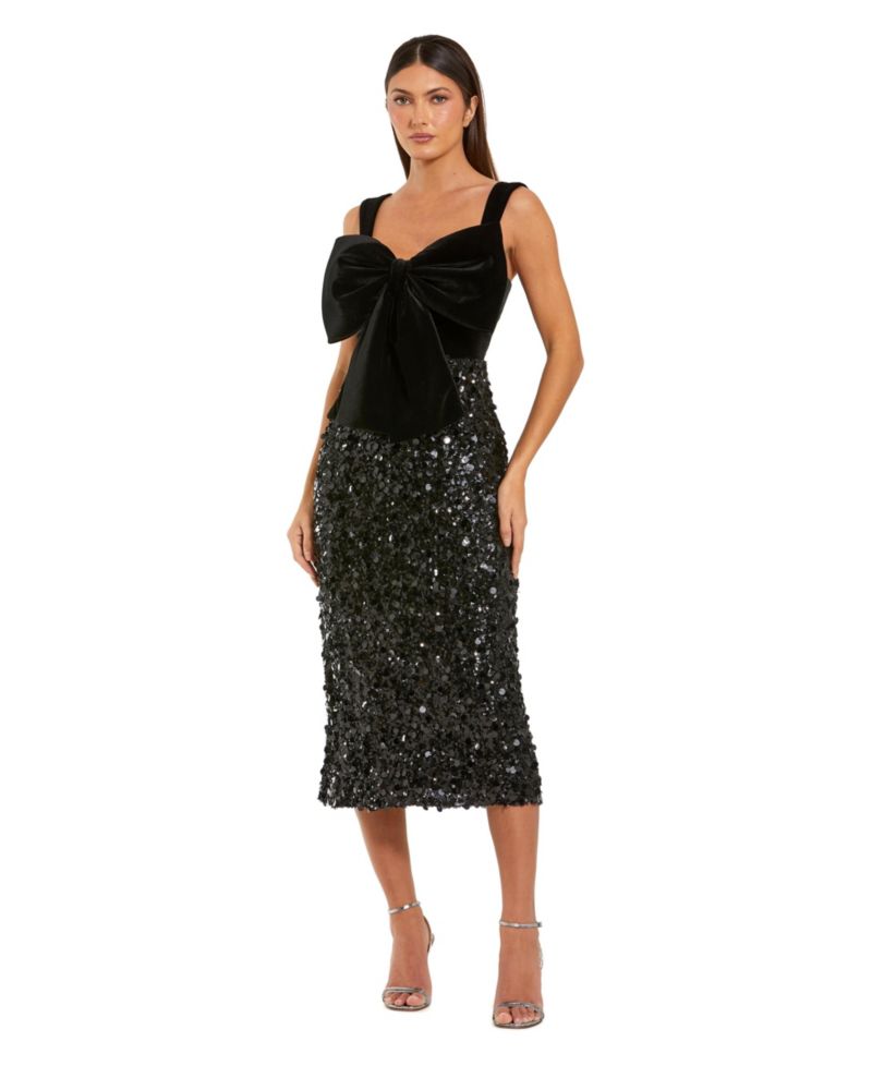 Women's Sleeveless Sequin Midi Dress With Velvet Bow