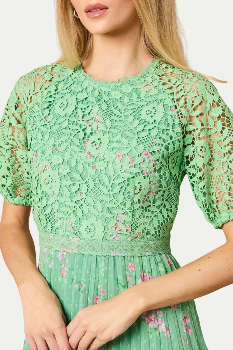 Women's Floral Lace Bodice Pleated Midi Dress