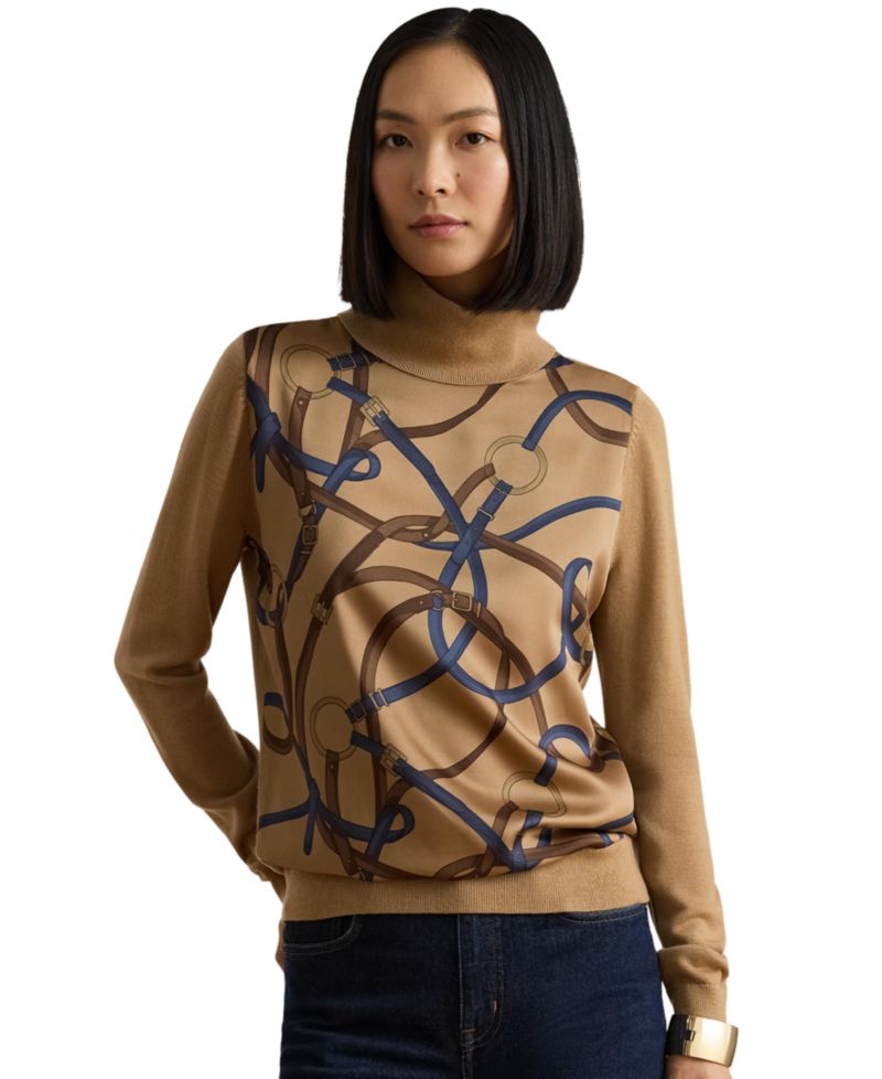 Women's Belting-Print Turtleneck Sweater