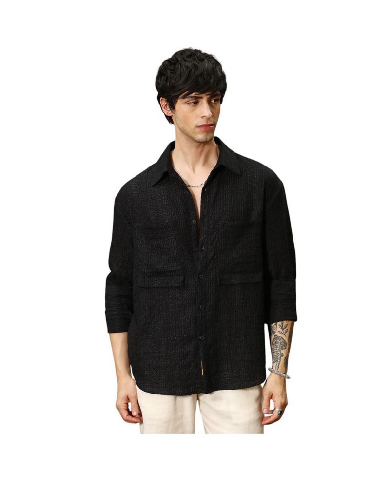 Men's Midnight Black Straw-Tactile Utility Oversized Shirt