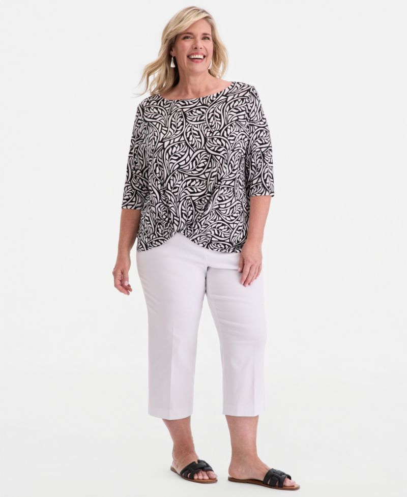 Plus Printed Boat-Neck Twist-Front Top
