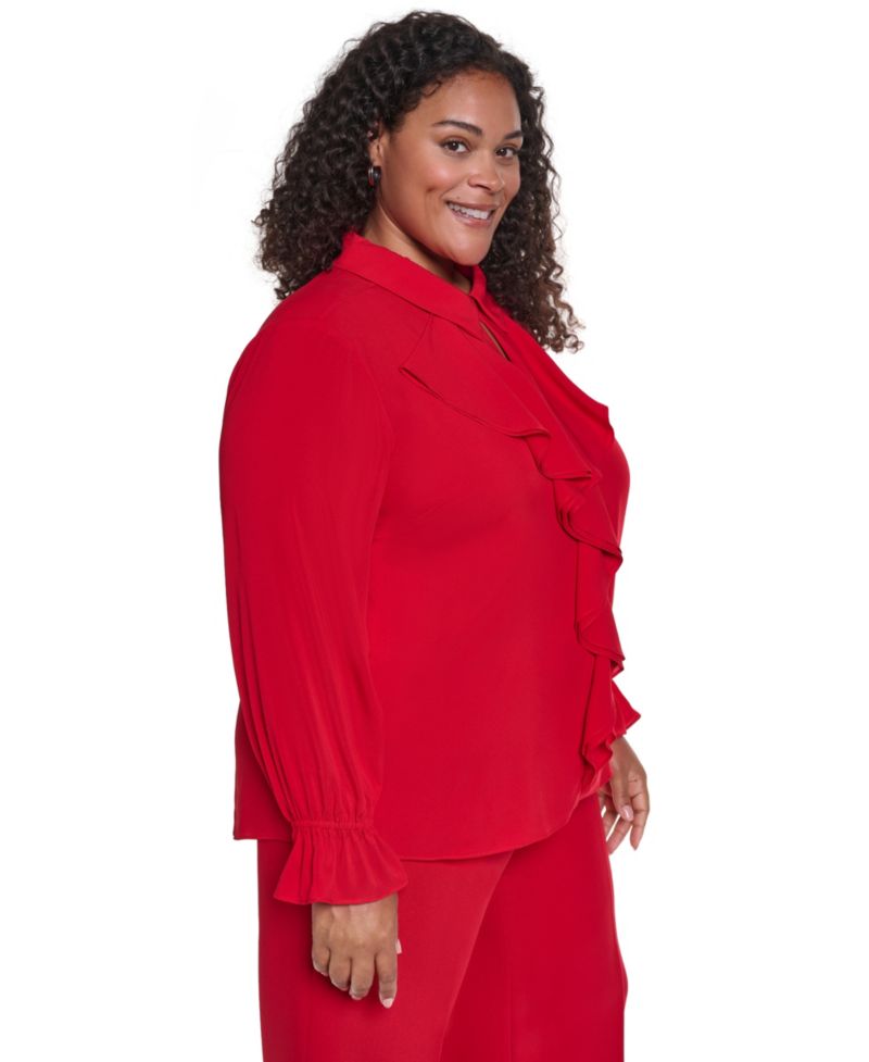 Plus Size Button-Up Ruffle-Trim Keyhole Blouse