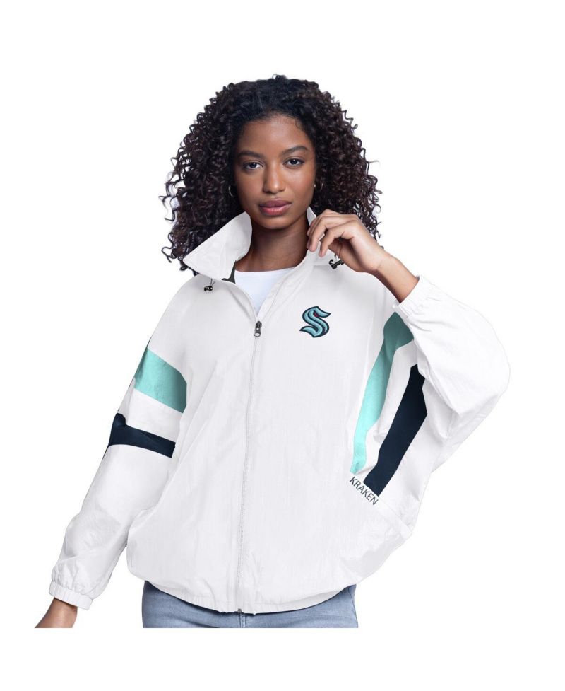 Women's White Seattle Kraken Game News Oversized Full-Zip Hoodie Jacket