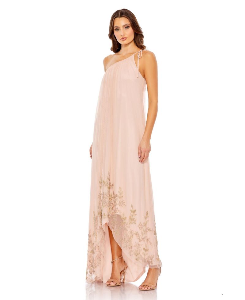 Women's Flowy One Shoulder Asymmetrical Beaded Gown