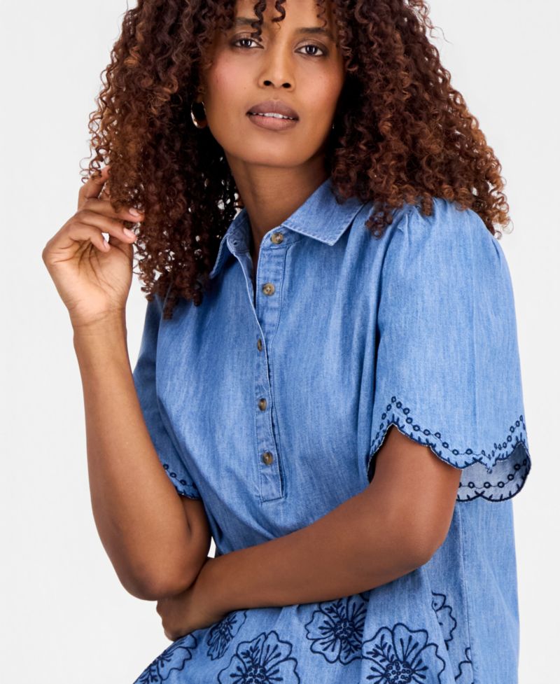 Women's Cotton Chambray Embroidered-Trim Shirt