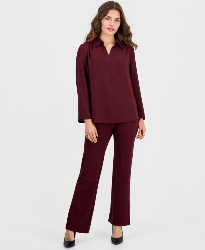 Petite V-Neck 3/4-Length Roll-Tab Sleeve Blouse