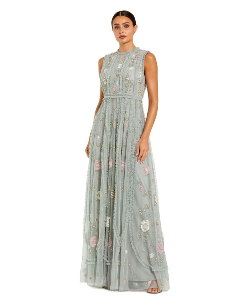 Women's Floral Mesh Sleeveless A Line Micro Ruffle Gown