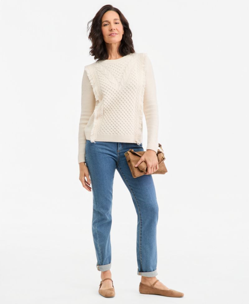 Petite Cable Fringe Crewneck Sweater