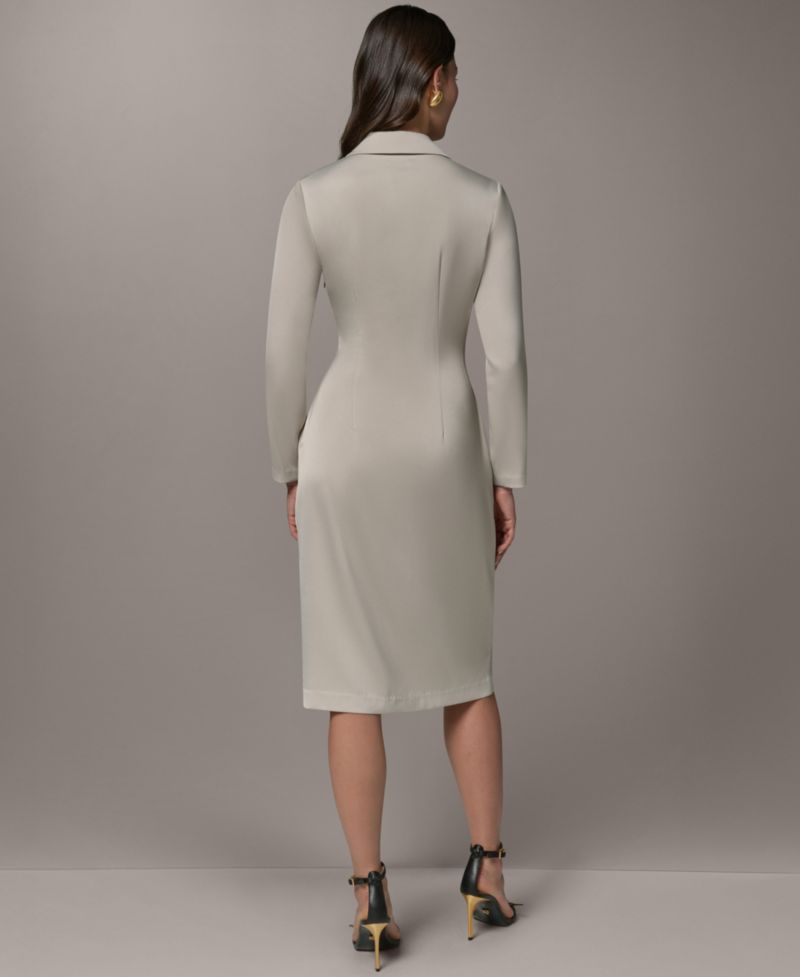 Women's Long-Sleeve Satin Collared V-Neck Midi Wrap Dress