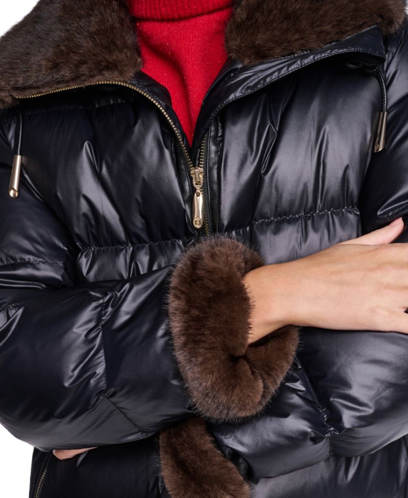 Women's Long Faux Fur Cuff and Collared Puffer