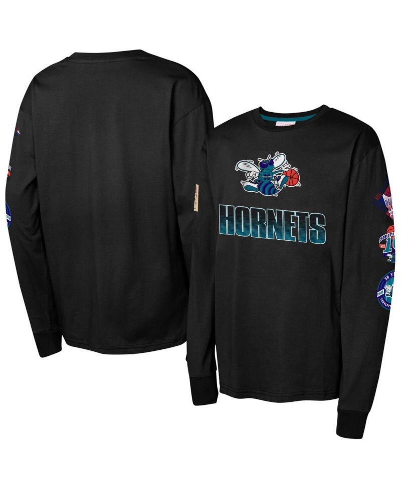 Big Boys and Girls Black Charlotte Hornets Hardwood Classic All Over Long Sleeve T-Shirt