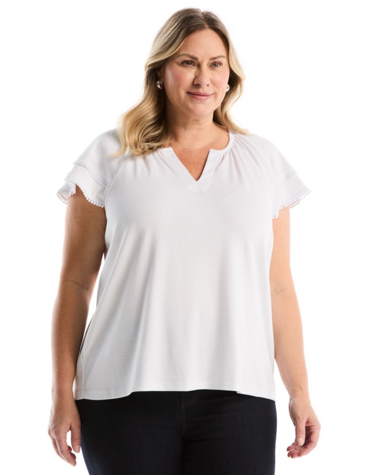 Plus Size Eyelet Flutter-Sleeve Split Neck Short-Sleeve Top