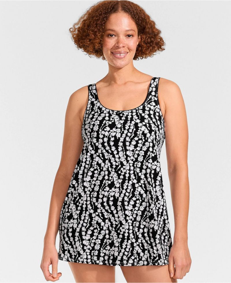 Women's Long Torso Scoop Neck Mini Swim Dress Swimsuit