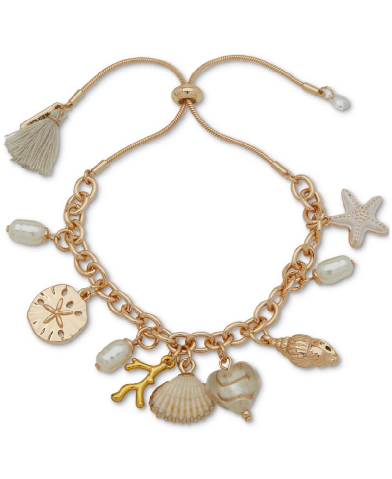 Gold-Tone Stone & Imitation Pearl Sea-Motif Charm Bracelet