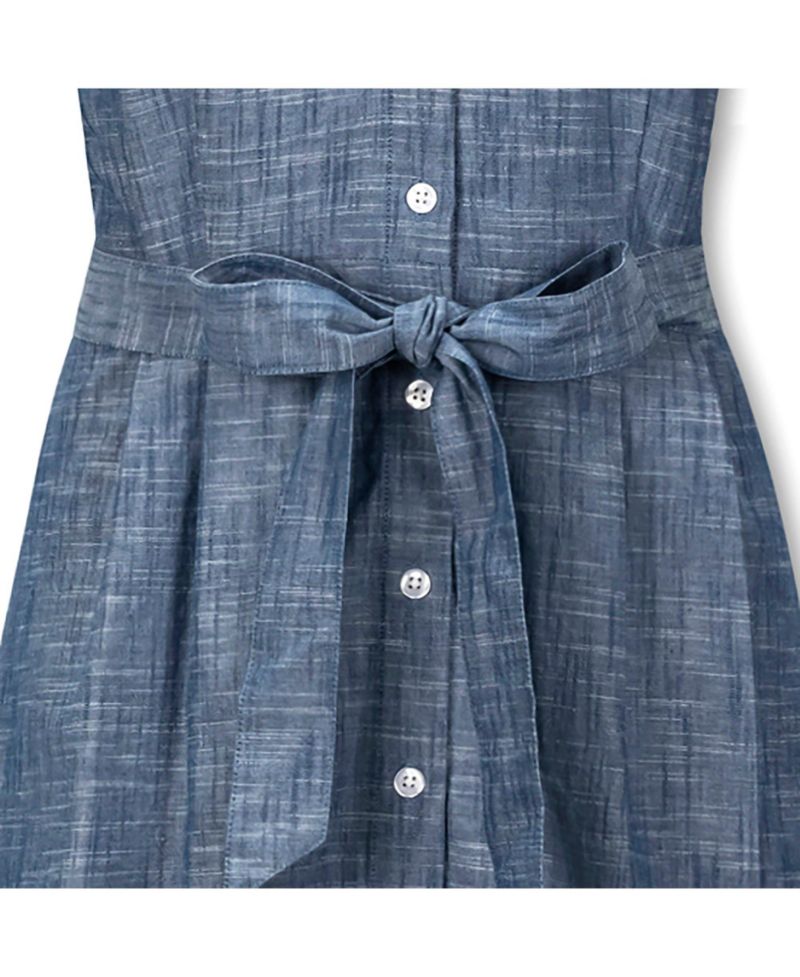 Women's Hope and Henry Short Sleeve Button Front Chambray Dress with Waist Sash
