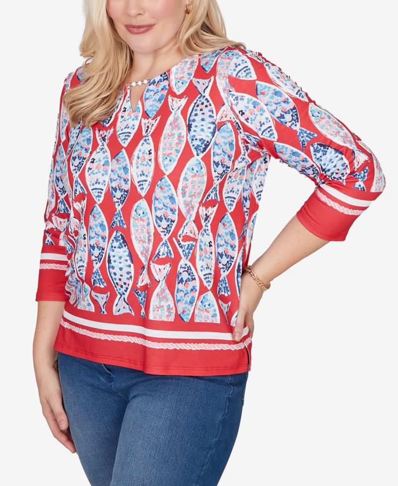 Women's Port Side Mosaic Fish Split Beaded Neck Top