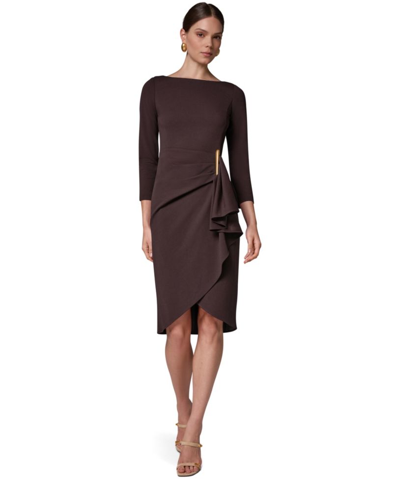 Petite Long-Sleeve Boat-Neck Side Cascade Ruffle Dress