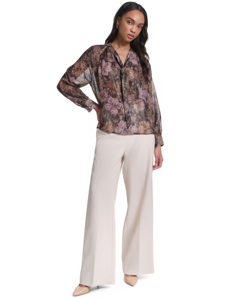 Women's Tie Neck Sheer Floral Blouse