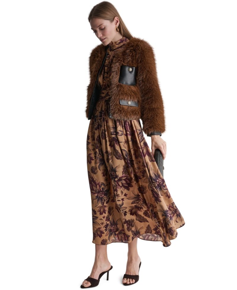 Women's Cropped Faux Fur Jacket with Faux Leather Trim