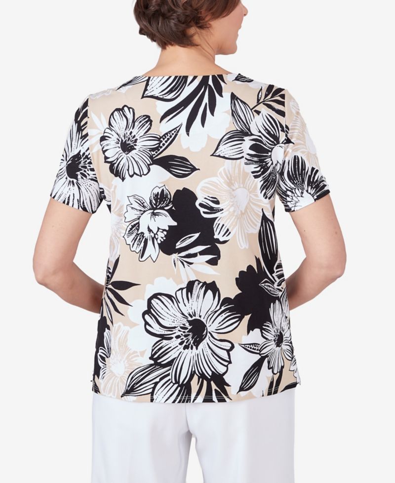 Women's Pleated Neck Bold Floral Short Sleeve Tee