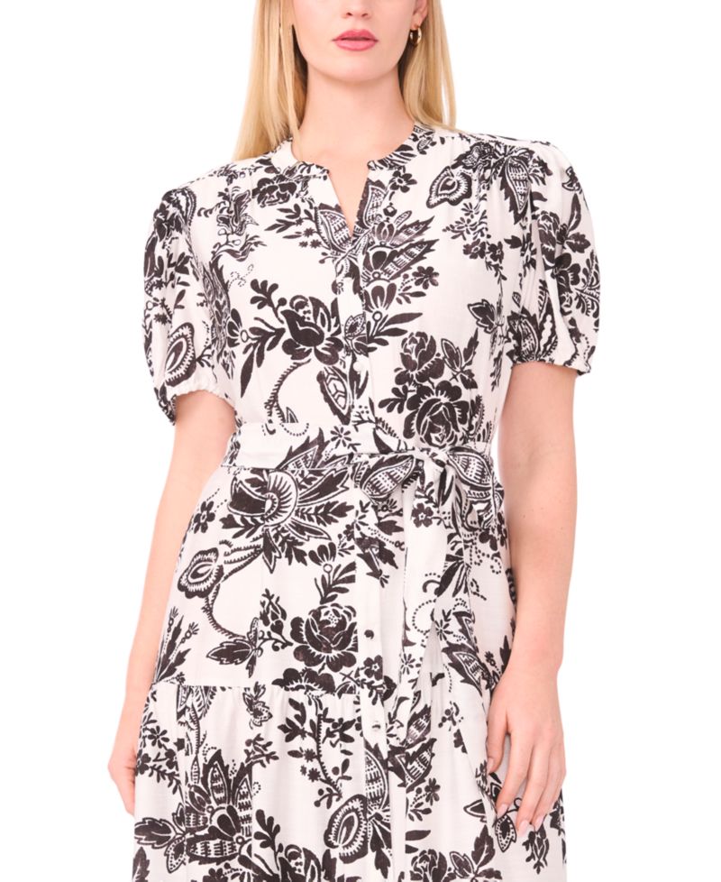 Plus Size Printed Puff-Sleeve Maxi Shirt Dress