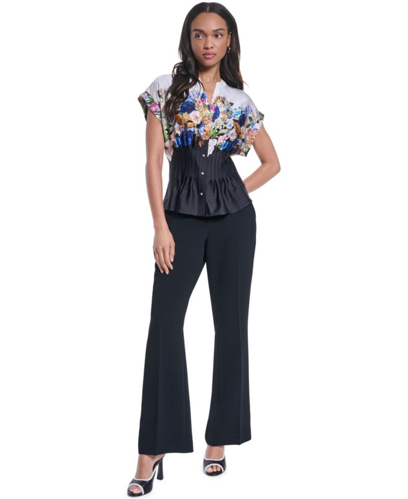 Women's Floral Pleated Button-Front Blouse