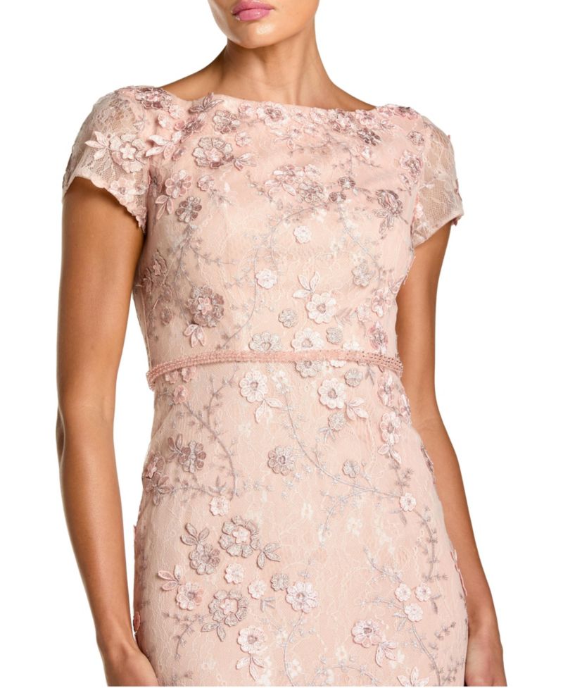 Women's Floral Applique Boat Neck Cap Sleeve Gown