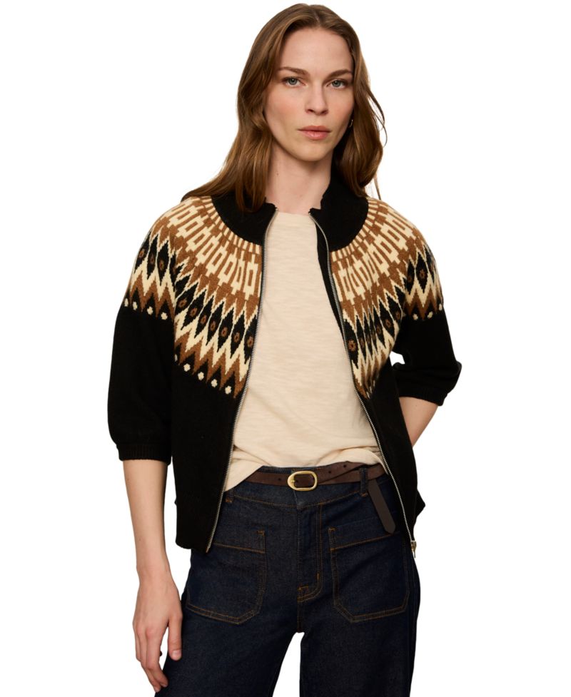 Women's Fairisle Zip-Up Short Sleeve Semi-Cropped Cardigan