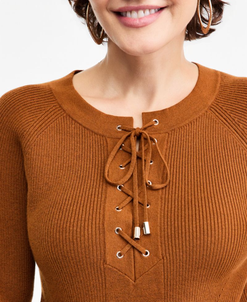 Women's Ribbed Lace-Up Sweater