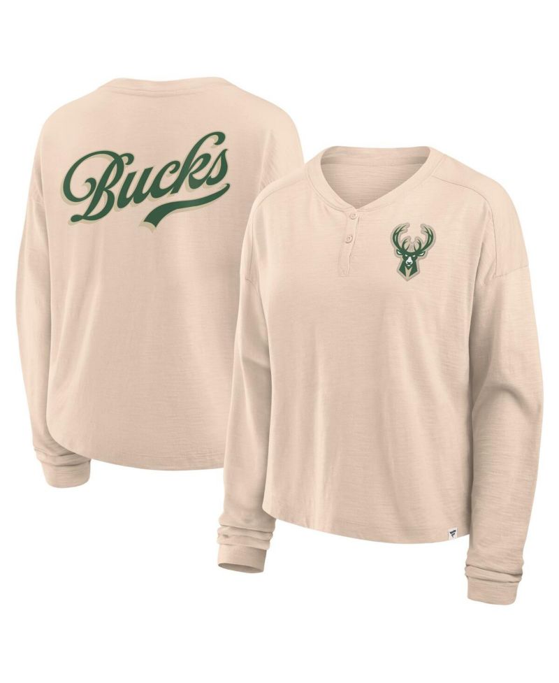 Women's Fanatics Natural Milwaukee Bucks Boxed Out Drop Fashion Long Sleeve T-Shirt