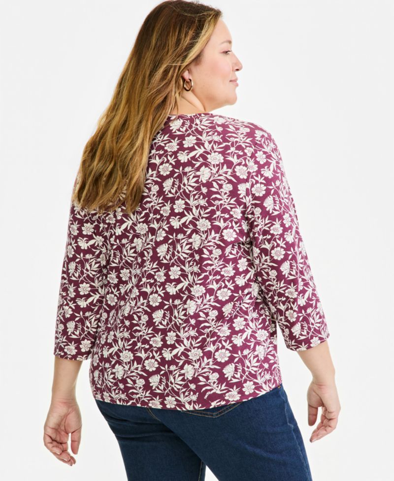 Plus Printed 3/4 Sleeve Henley Top