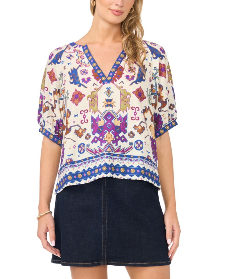 Women's Split Neck Puff-Sleeve Printed Blouse