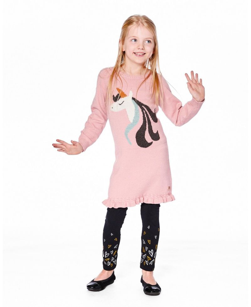 Girl Knitted Dress Dusty Pink with Unicorn Intarsia - Toddler|Child