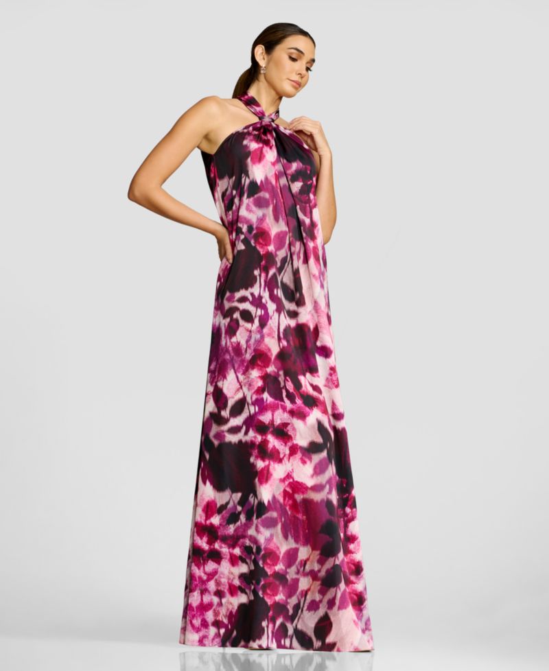 Women's Floral-Print Gathered Halter Neck W Built Up Back Column Shift Maxi Dress