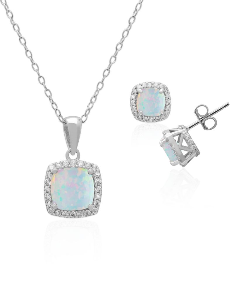 2-Piece Set Lab Grown White Opal (2 ct. t.w.) Cushion Halo Pendant Necklace with Matching Earrings in Sterling Silver (also in Sapphire)