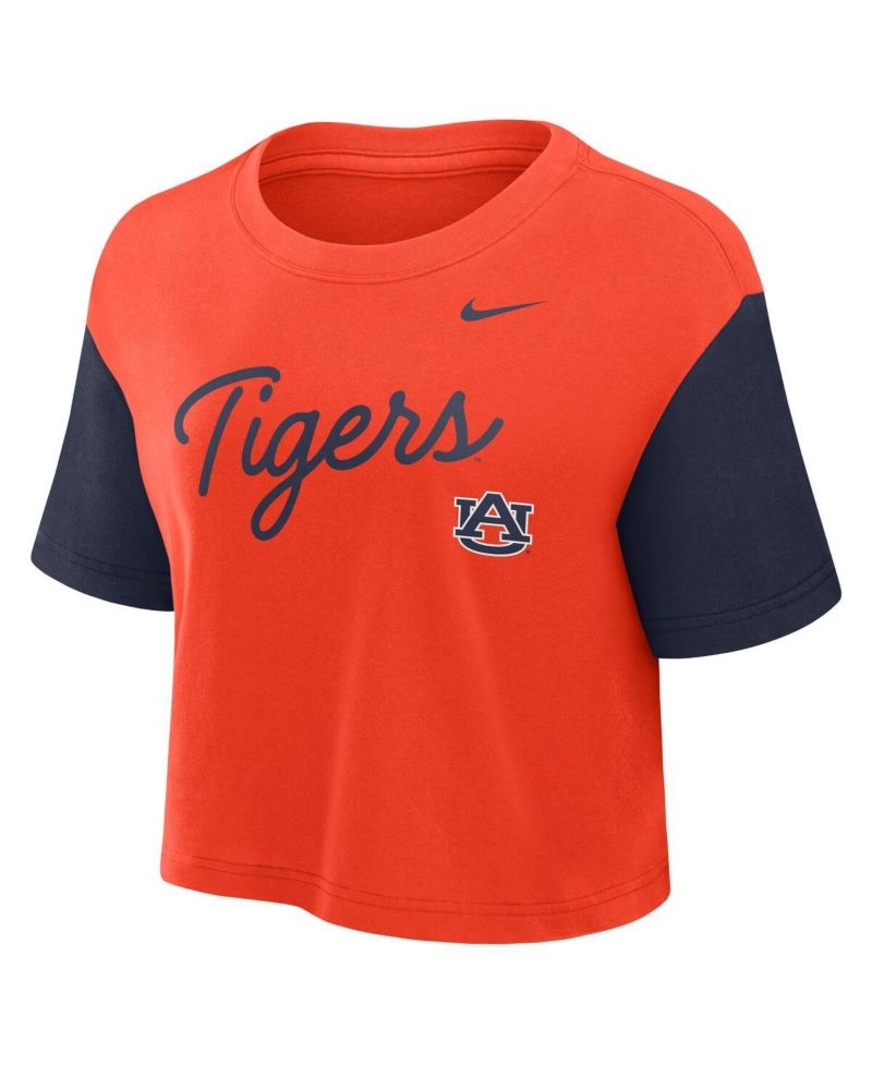 Women's Orange/Navy Auburn Tigers Color Block Script Cropped T-Shirt