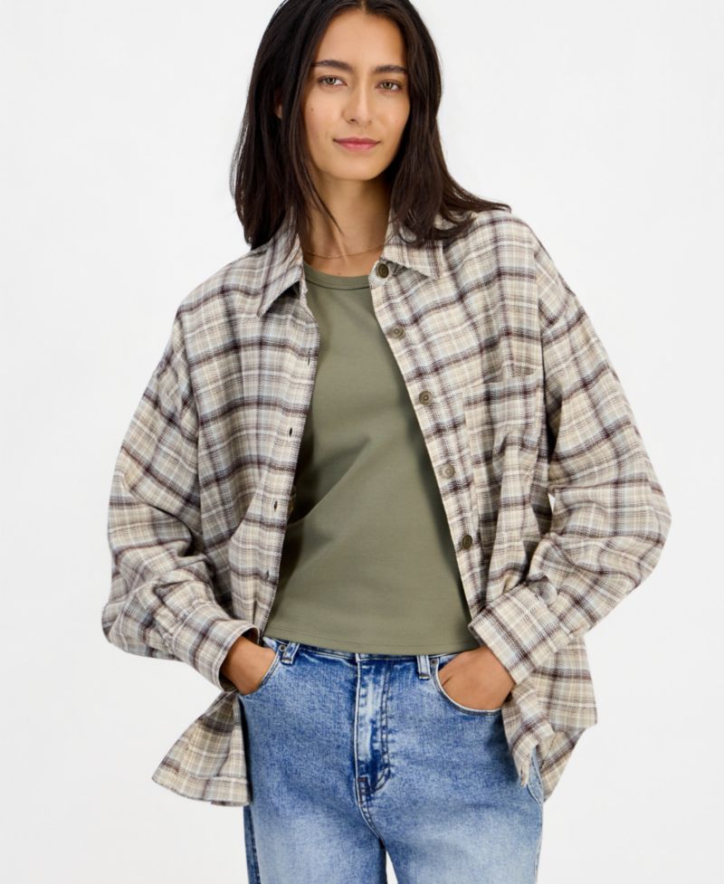 Women's Plaid Oversized Flannel Button-Up Shirt