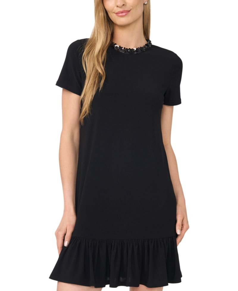 Women's Short-Sleeve Ruffle Hem Mini Dress with Sequin Neck Opening