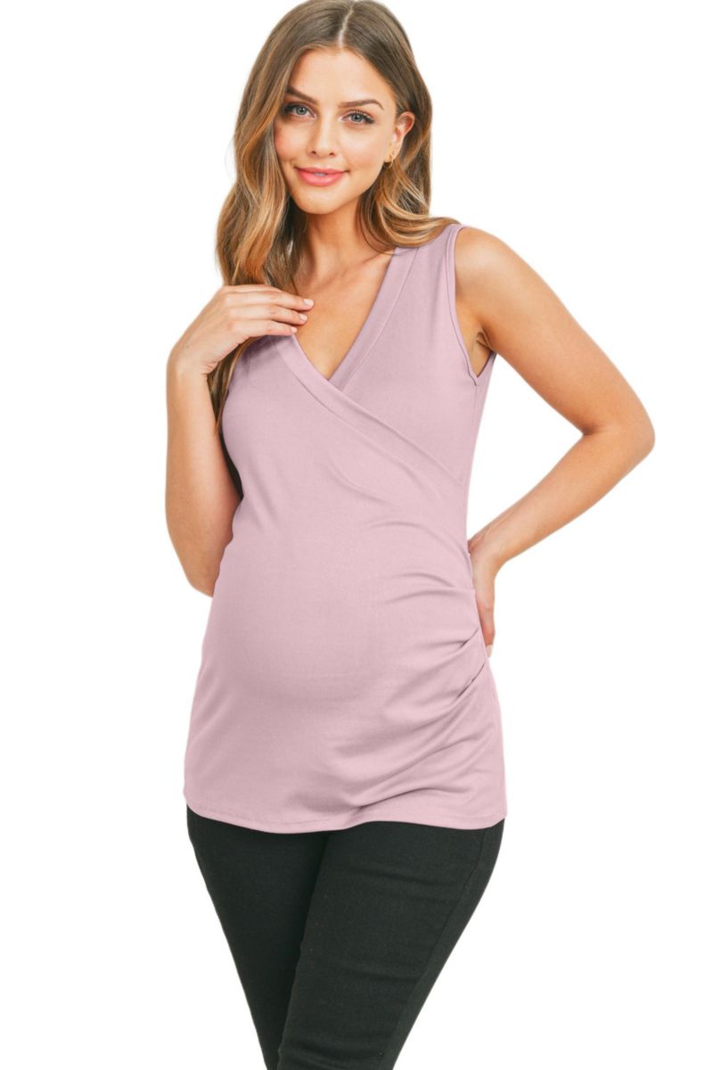 Maternity Sleeveless Ruched V-Neck Wrap Nursing Tank Top