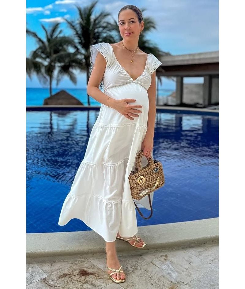Women's Light Blue Ruffle Trim Maxi Dress