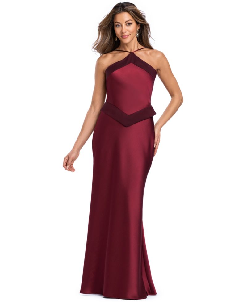 Women's Halter Satin Peplum Gown